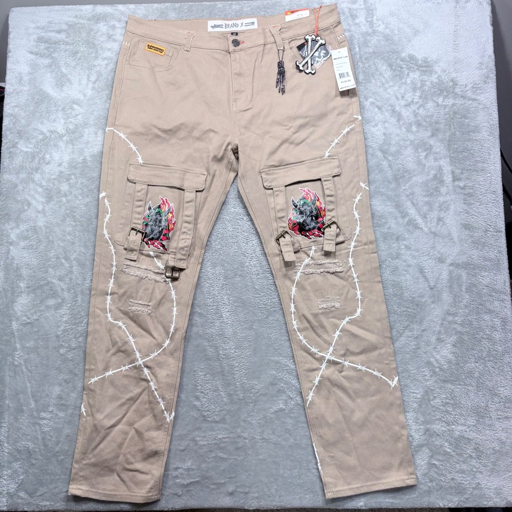 Brand X Cargo Pants Men 42 Khaki Barbed Wire Skull Graphic Distressed Streetwear